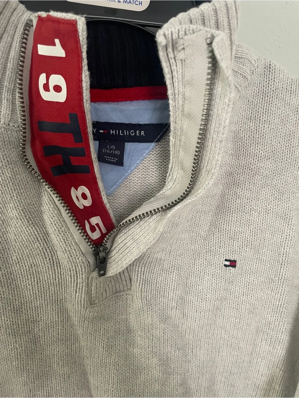 Tommy Hilfiger kids large Light Gray Half-Zip Sweater with Navy Elbow Patches